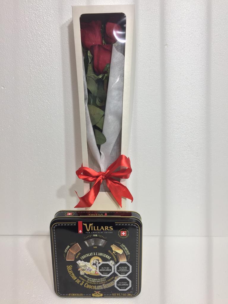 Caja con 6 Rosas ms Surtido de Chocolate Villars de 200Grs